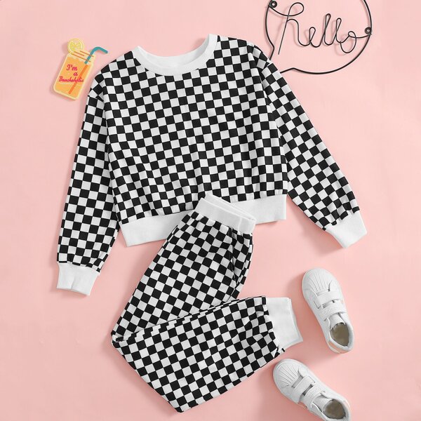 

Girls Drop Shoulder Checker Pullover & Pants Set, Black and white