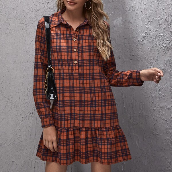 

Half Button Ruffle Hem Plaid Dress, Multicolor