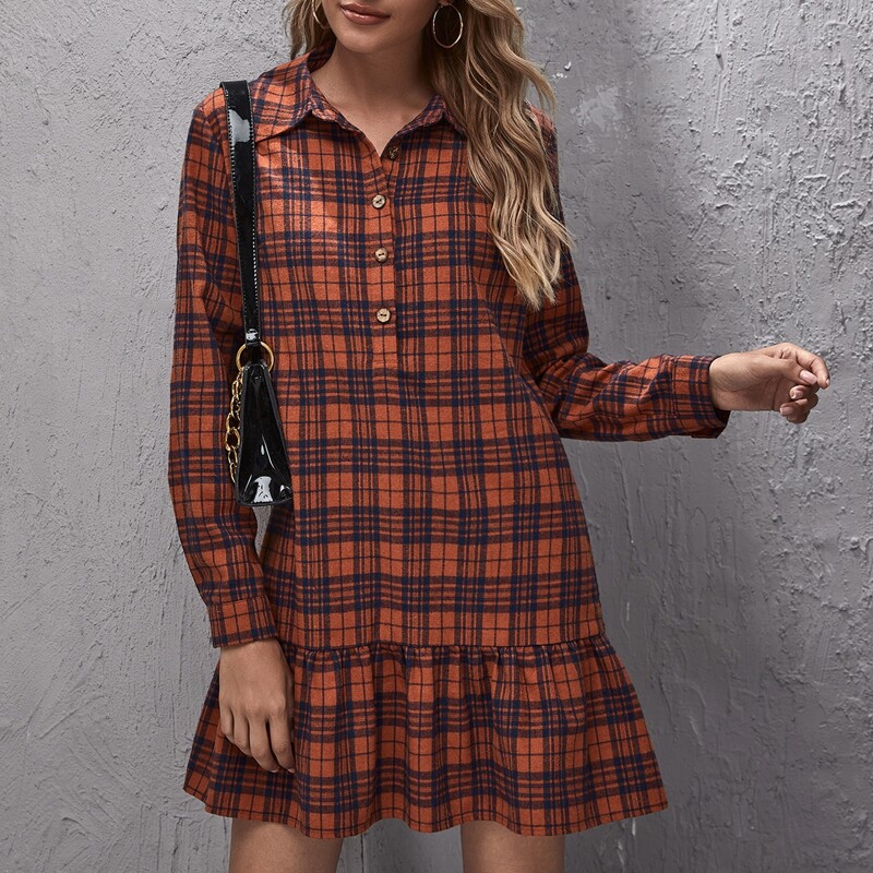 

Half Button Ruffle Hem Plaid Dress, Multicolor
