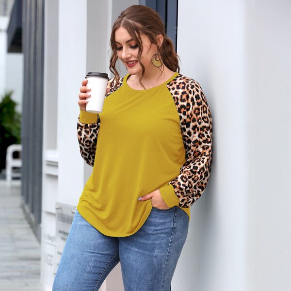

Plus Leopard Print Raglan Sleeve Tee, Mustard yellow