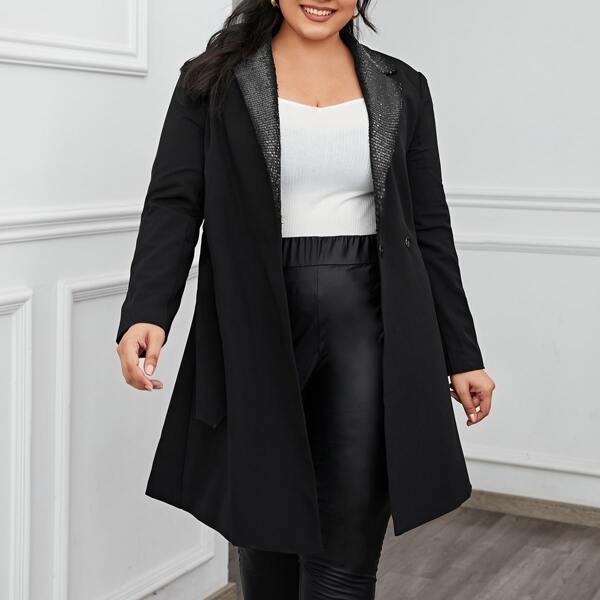 

Plus Notched Collar Self Belted Coat, Black