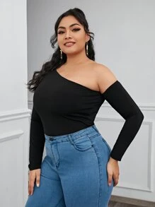 SHEIN Privé 大碼不對稱領素色T恤 - 黑色 - 查看 4