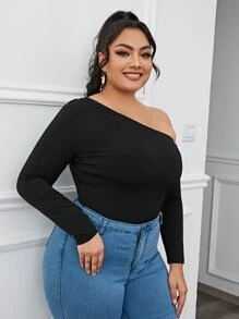 SHEIN Privé 大碼不對稱領素色T恤 - 黑色 - 查看 5