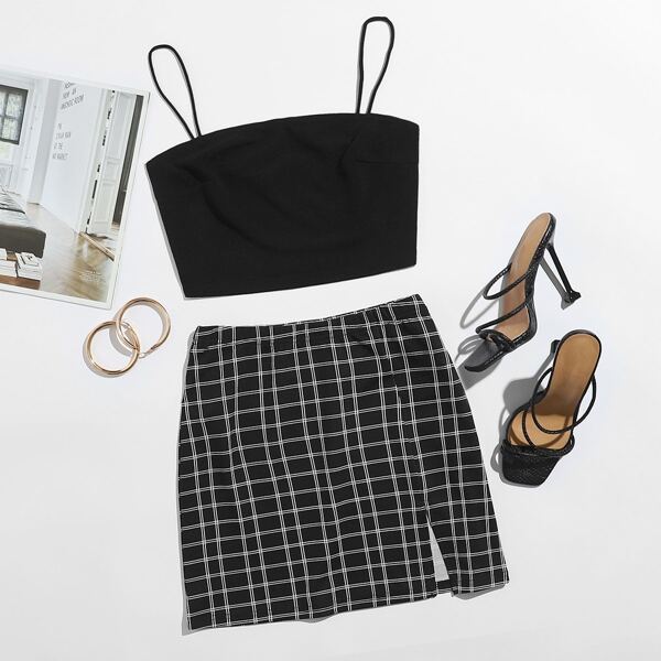 

Cropped Cami Top & Plaid High-Rise Mini Skirt Set, Black and white