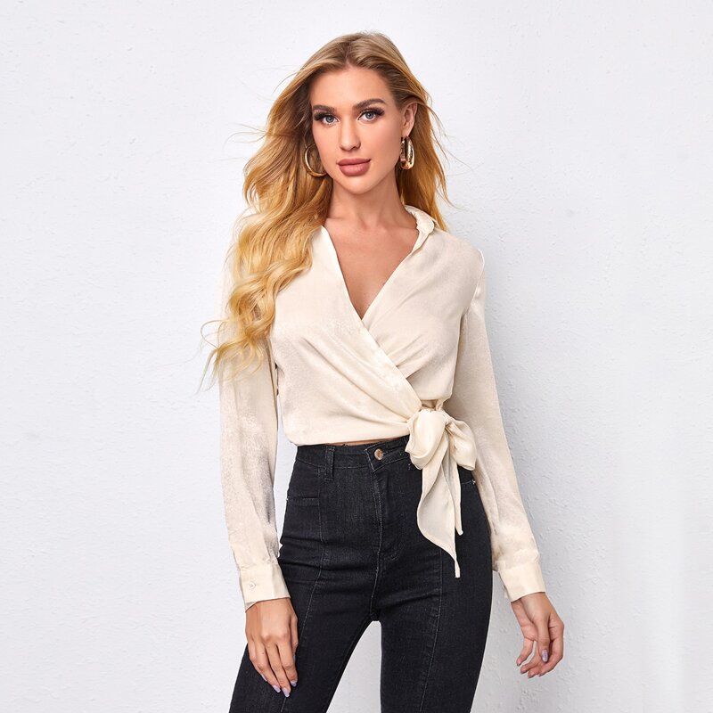 

Wrap Knot Side Solid Blouse, Apricot