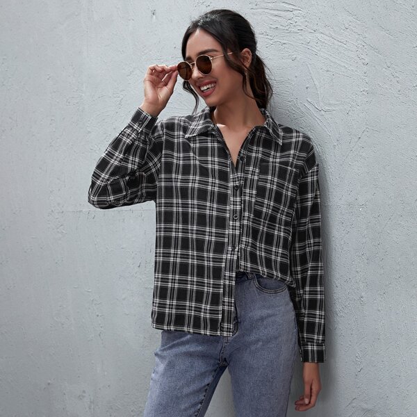 

Plaid High Low Button Up Blouse, Black and white