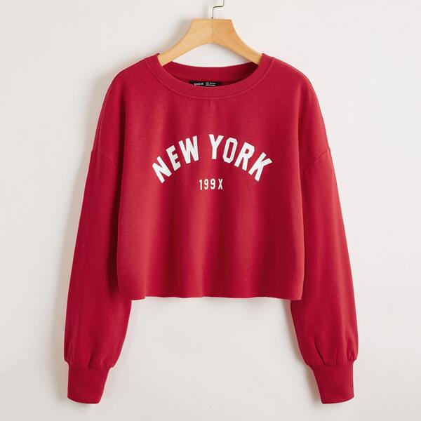 

Letter Graphic Drop Shoulder Crop Pullover, Red