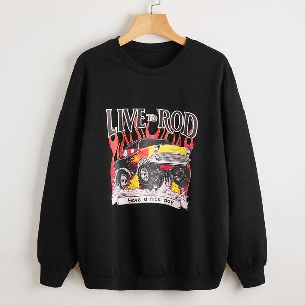 

Slogan And Graphic Print Sweatshirt, Black