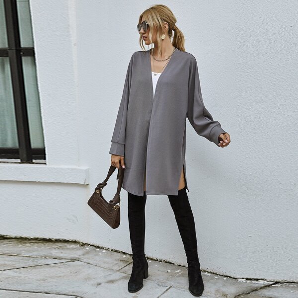 

Solid Open Front Split Hem Coat, Grey