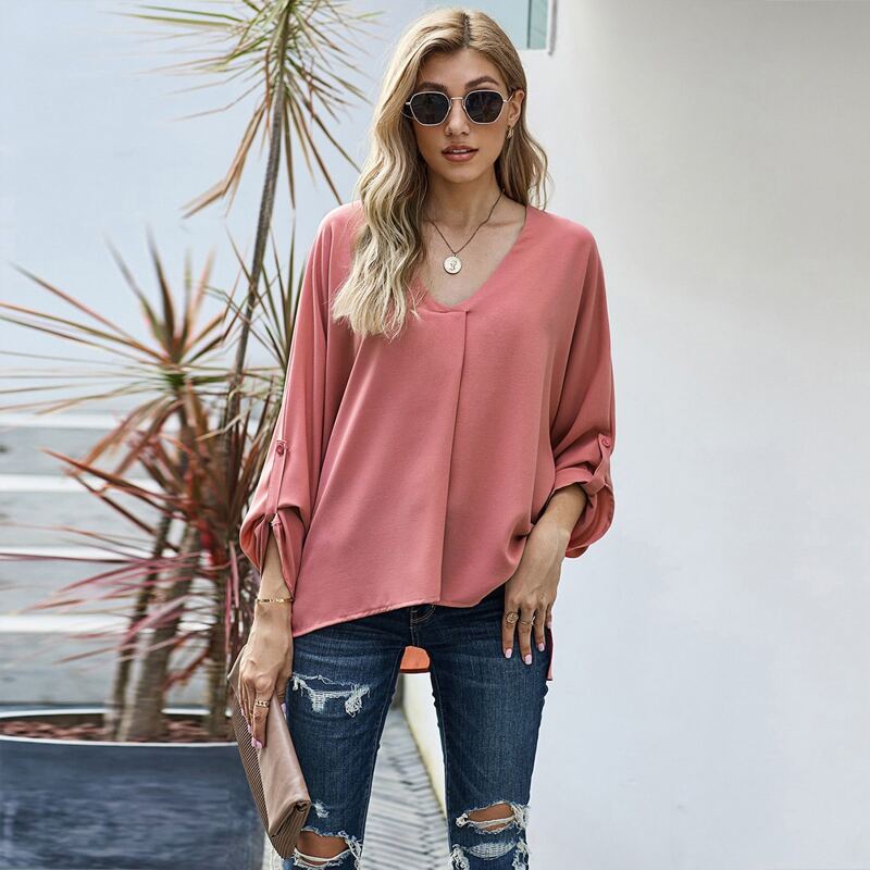 

V-neck Roll Up Sleeve Dip Hem Blouse, Watermelon pink