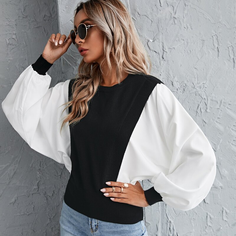 

Two Tone Batwing Sleeve Spliced Sweater, Black and white