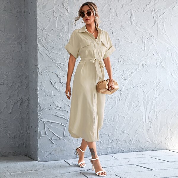 

Flap Pocket Batwing Sleeve Belted Shirt Dress, Beige