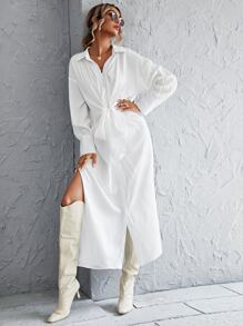 Button Through Knot Front Split Thigh Shirt Dress - White - View 1