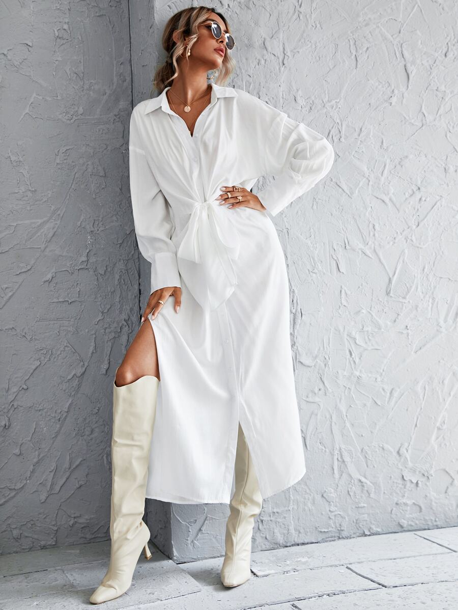 Button Through Knot Front Split Thigh Shirt Dress - White - View 1