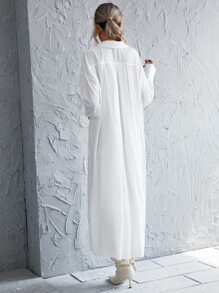 Button Through Knot Front Split Thigh Shirt Dress - White - View 2