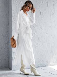 Button Through Knot Front Split Thigh Shirt Dress - White - View 3