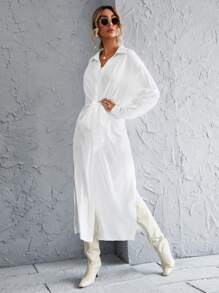 Button Through Knot Front Split Thigh Shirt Dress - White - View 4
