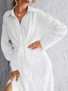 Button Through Knot Front Split Thigh Shirt Dress - White - View 5
