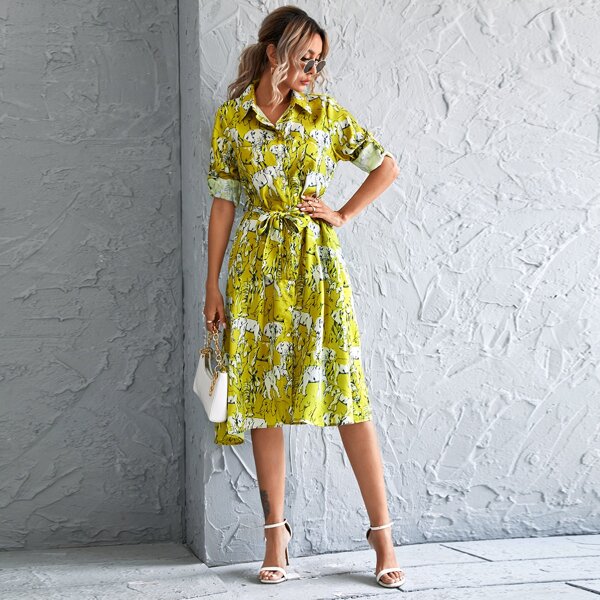 

Allover Animal Print Button Up Belted Shirt Dress, Multicolor
