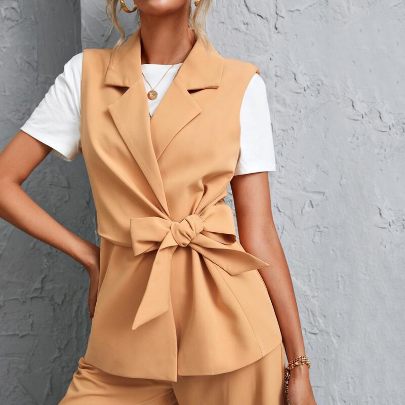 

Solid Lapel Collar Knot Side Blazer Vest, Orange pastel