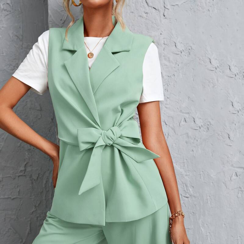 

Lapel Neck Tie Side Blazer Vest, Mint green