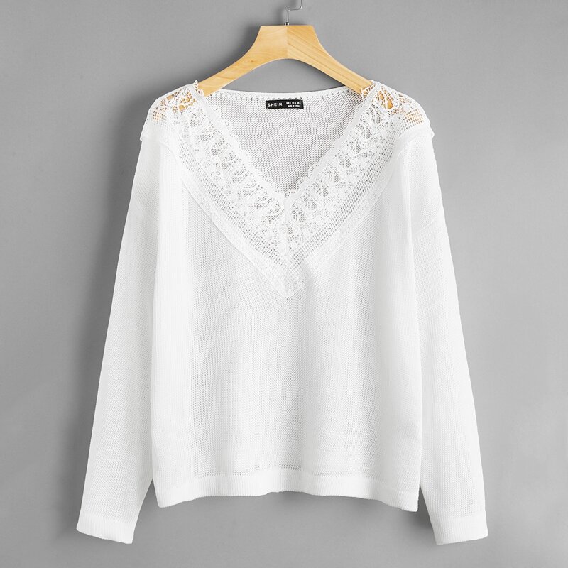 

V Neck Drop Shoulder Sweater, White