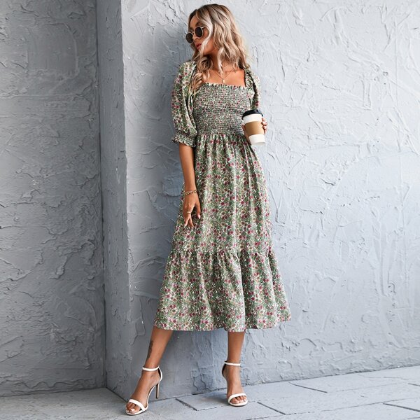 

Ditsy Floral Ruffle Hem Shirred Dress, Multicolor