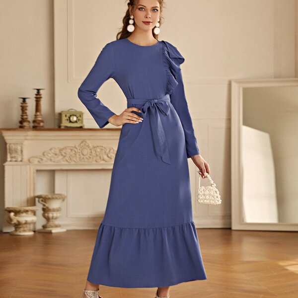 

Solid Ruffle Hem Belted Dress, Navy blue