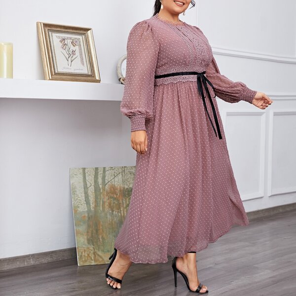 

Plus Lantern Sleeve Guipure Lace Detail Swiss Dot Chiffon Dress, Dusty pink