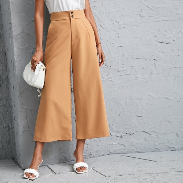 

Button Front Wide Leg Crop Pants, Apricot