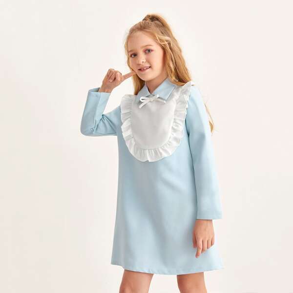 

Girls Contrast Panel Ruffle Detail Dress, Pastel baby blue