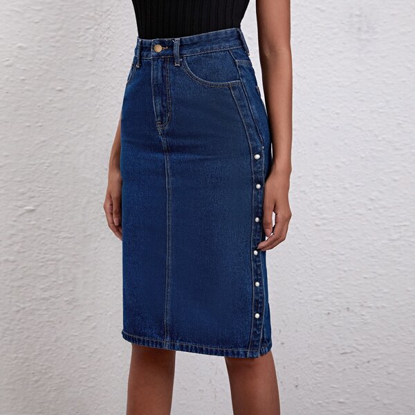 

High Waist Pearl Button Side Denim Skirt, Dark wash