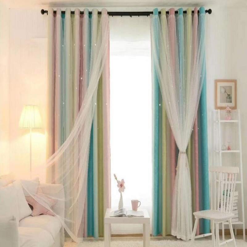 

1pc Striped Pattern Star Hollow Curtain, Multicolor