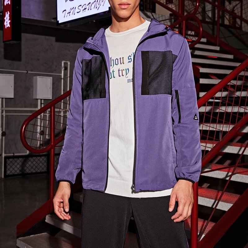 

Guys Zip Up Fishnet Mesh Panel Patched Detail Hooded Jacket, Violet purple