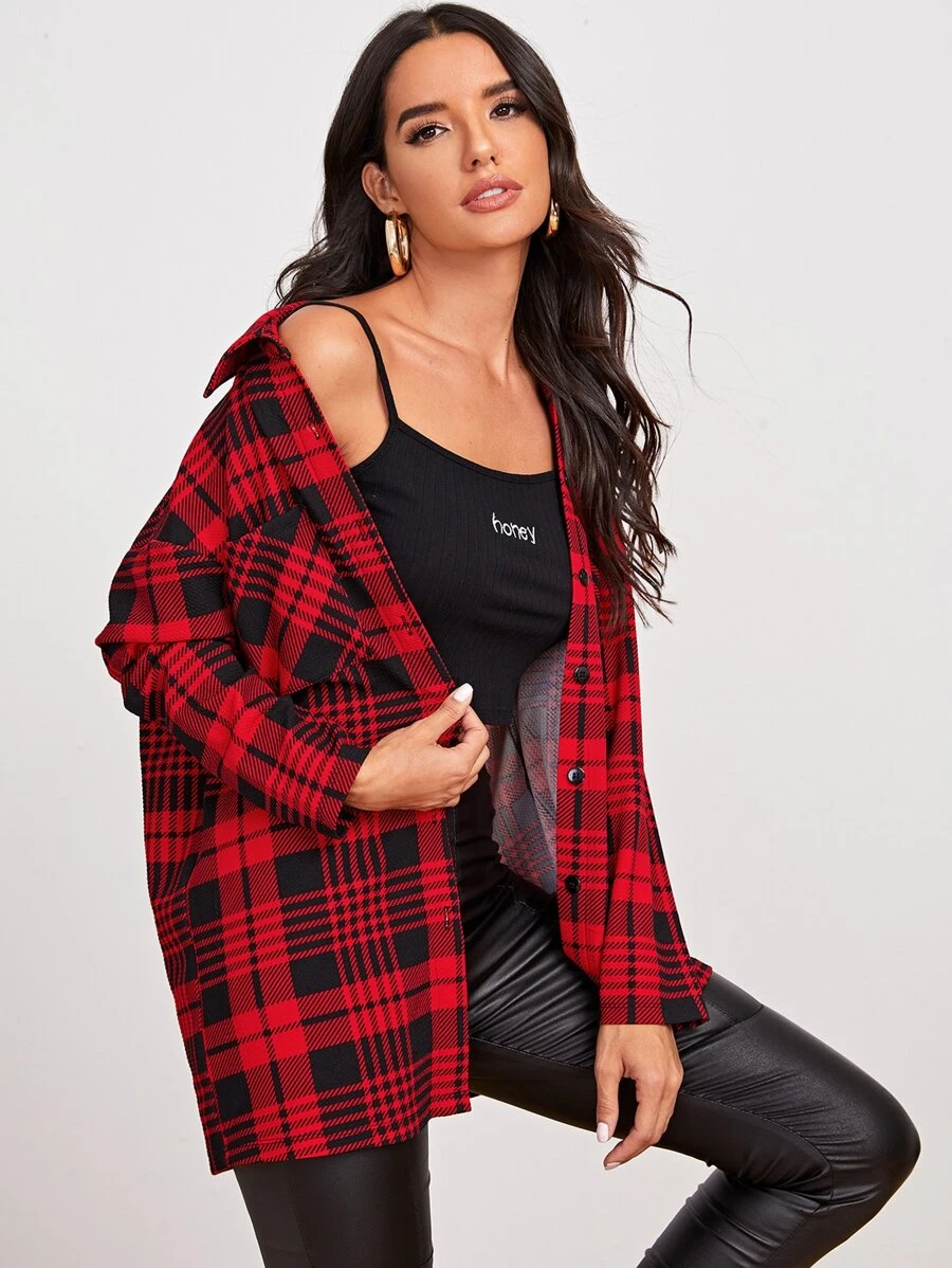 SHEIN 翻領單排扣前口袋格紋襯衫 - 彩色 - 查看 1