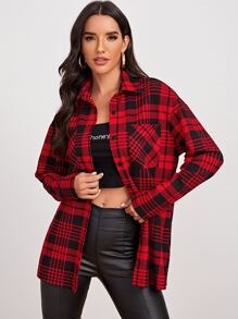 SHEIN 翻領單排扣前口袋格紋襯衫 - 彩色 - 查看 5