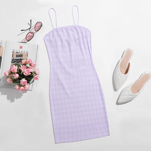 

Plaid Print Bodycon Dress, Lilac purple