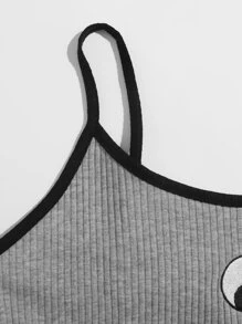 SHEIN EZwear 羅紋針織陰陽刺繡鑲邊吊帶上衣 - 灰色 - 查看 4