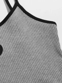 SHEIN EZwear 羅紋針織陰陽刺繡鑲邊吊帶上衣 - 灰色 - 查看 5