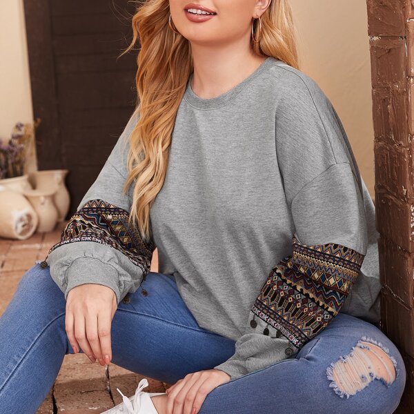 

Plus Drop Shoulder Embroidery Striped Oversized Pullover, Grey