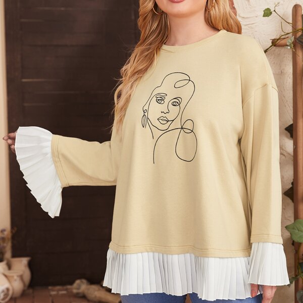 

Plus Drop Shoulder Pleated Cuff and Hem Figure Graphic Top, Khaki