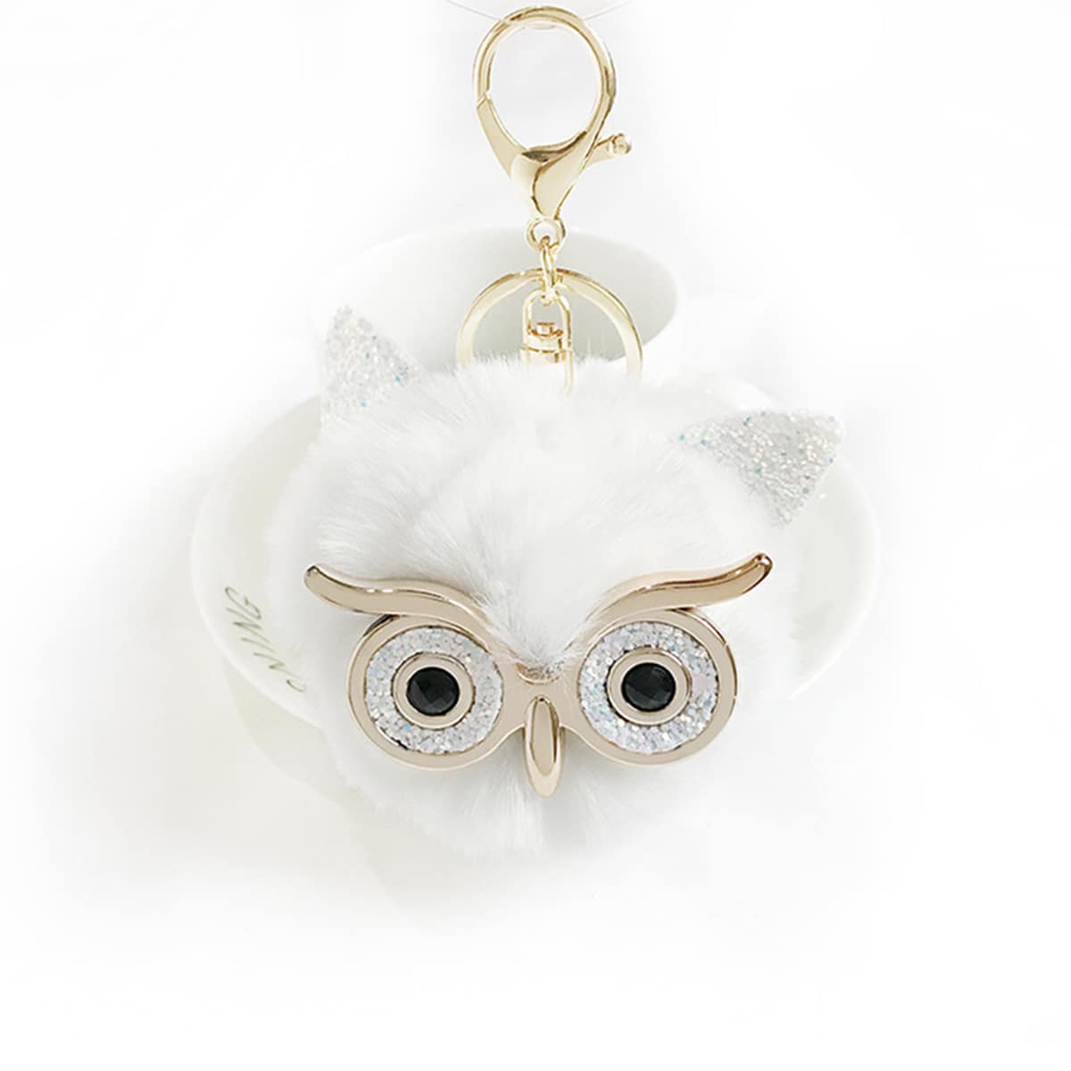 

Sequin Owl Pom Pom Keychain, White
