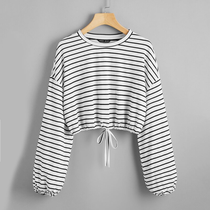 

Drop Shoulder Drawstring Hem Striped Pullover, Black and white