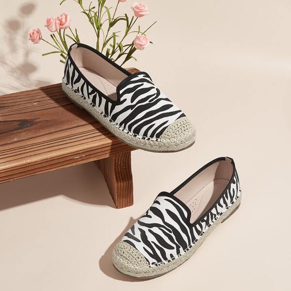 

Cap Toe Zebra Pattern Espadrille Flat Loafers, Black and white