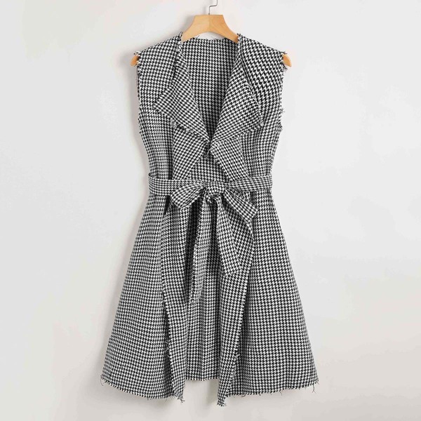 

Waterfall Collar Raw Trim Self Belted Houndstooth Sleeveless Coat, Black and white