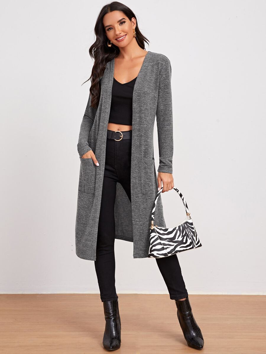 SHEIN LUNE Marled Knit Open-Front Longline Coat - Grey - View 1