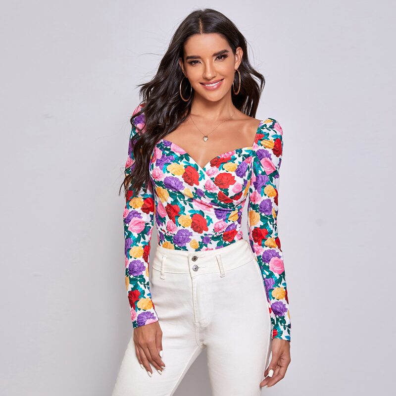 

Sweetheart Neck Floral Print Top, Multicolor