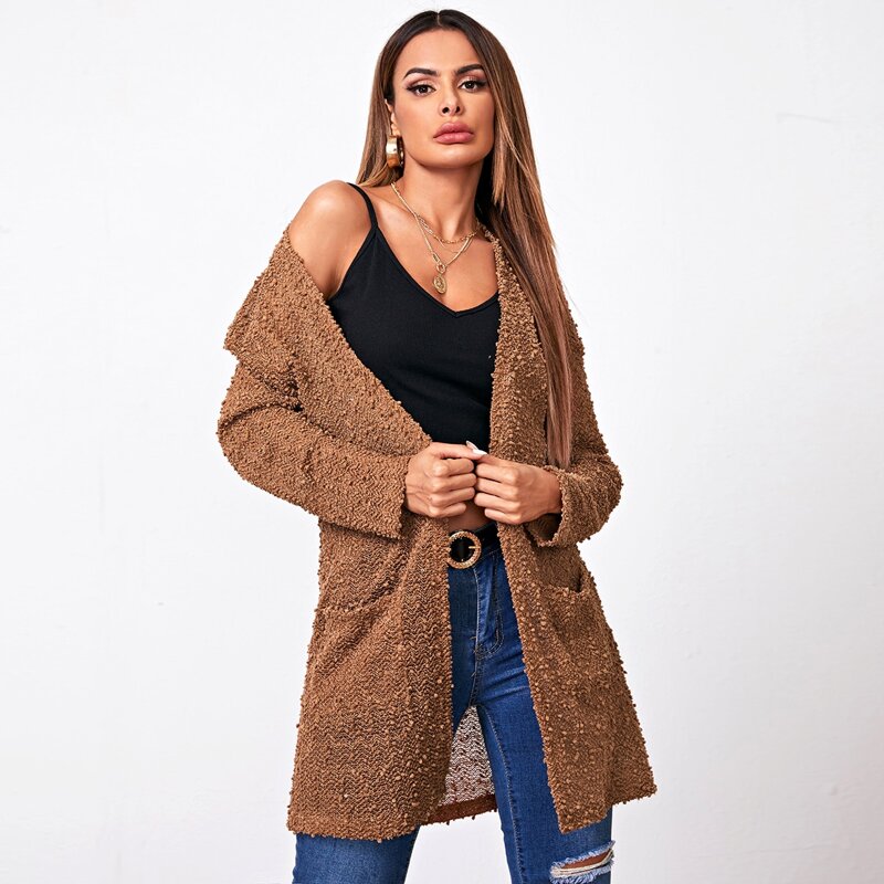

Open Placket Pocket Front Popcorn Knit Cardigan, Brown