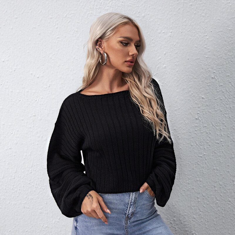 

Boat Neck Lantern Sleeve Sweater, Black