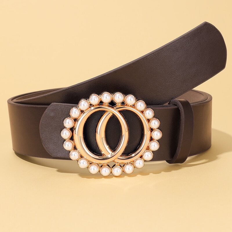 

Pearl Decor Double O-ring Buckle Belt, Coffee brown